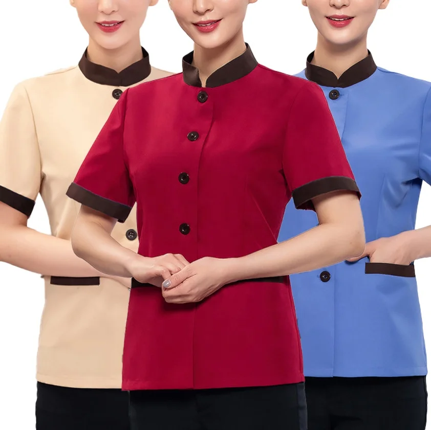 

Cheap Hotel Uniform for Women Cleaning Uniform Staff Hotel Comfortable Cleaning Work Wear Uniform Housekeeping Short Sleeves, Customized