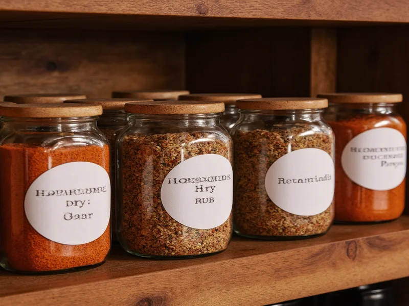 Jars of homemade dry rub with spice labels on rustic shelf