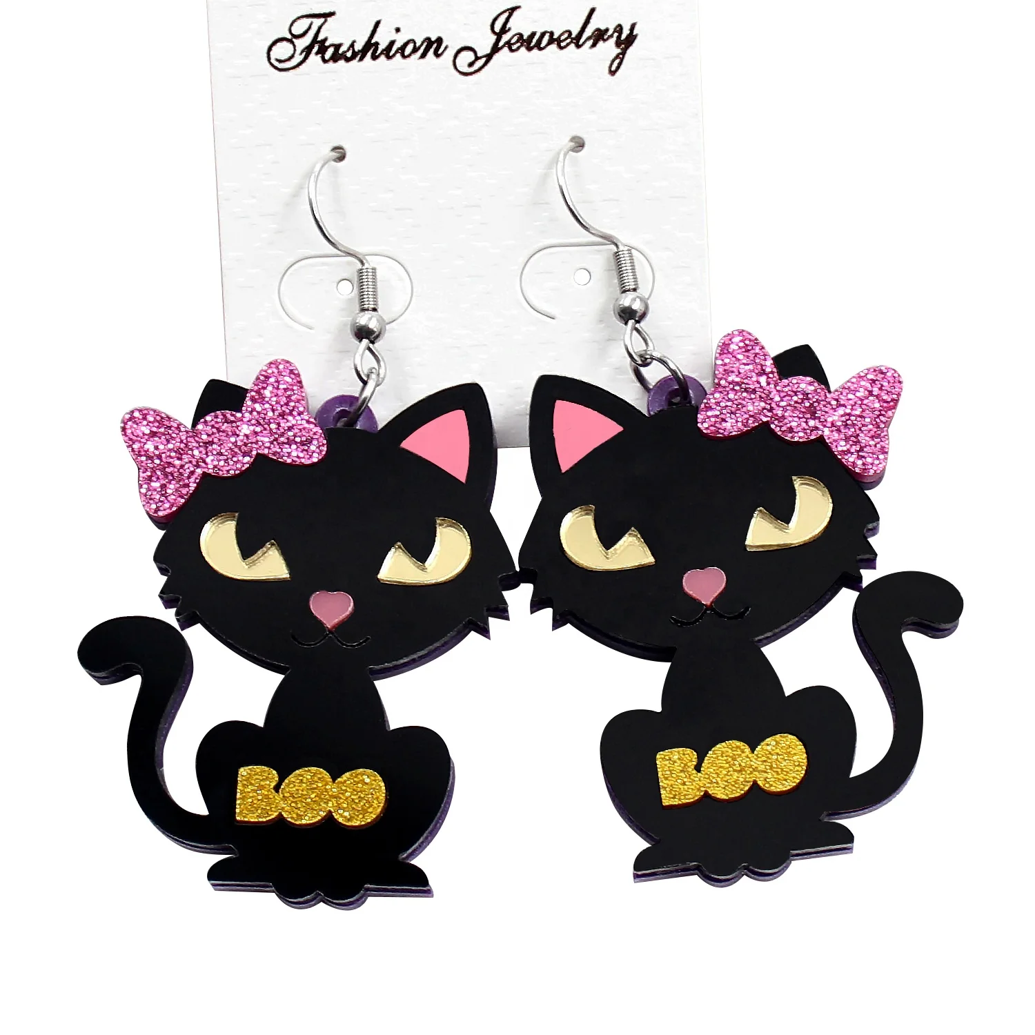 

HP040 43mm Acrylic Halloween Sitting Cat Dangle Earring Boo Black Cat With Bow Laser Cutout Earrings
