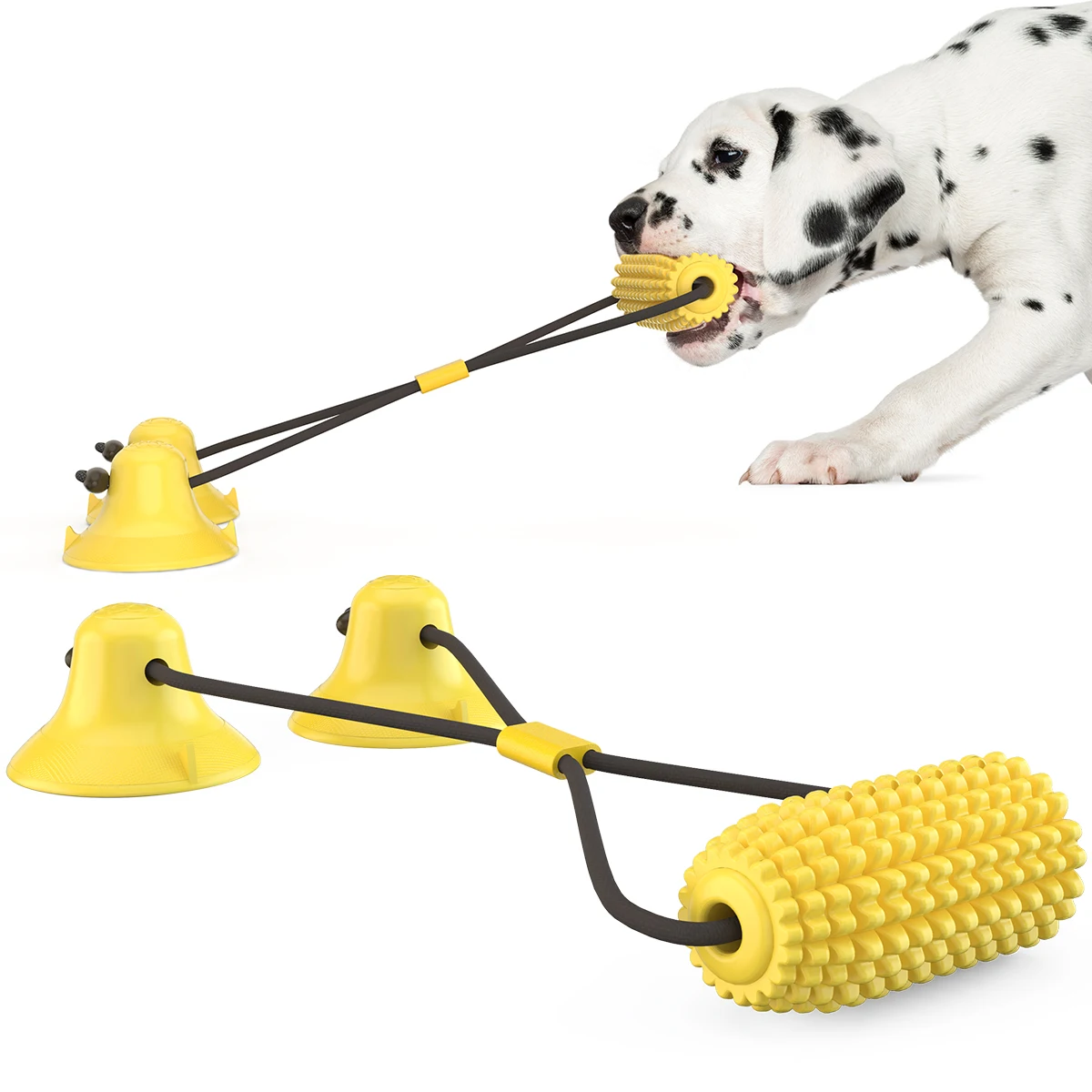 

Popular Two Suckers Pet Supplies Toys TPR Rubber Material Squeaky Dog Toothbrush Toys With Cotton Rope, Yellow