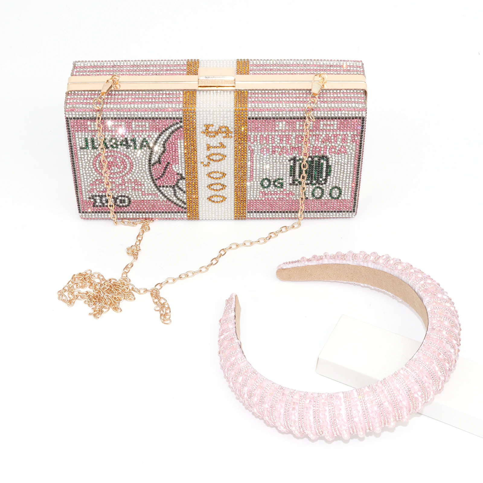 

Rhinestone US Dollar Money Purse Evening Handbags Wedding Dinner Bag Stack of Cash Clutch Purses Wallet with Crystal Headband