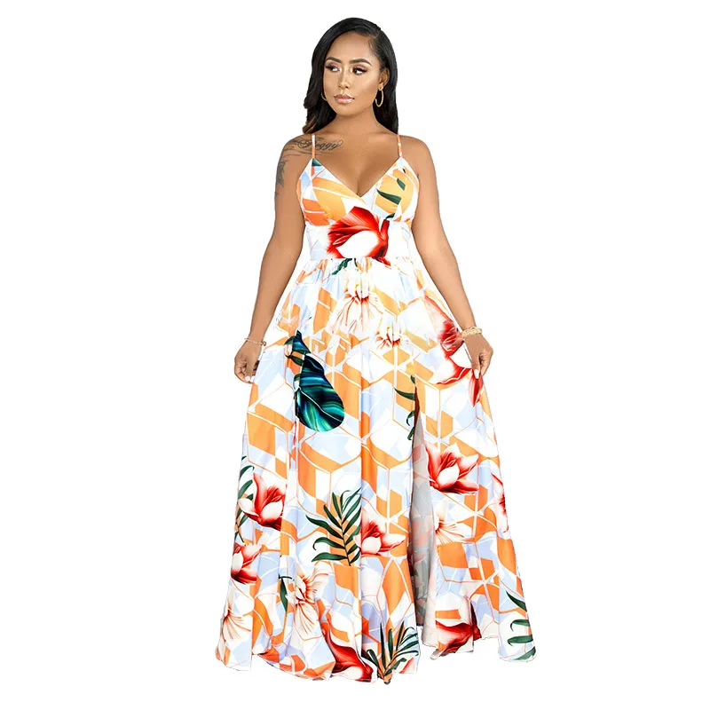 

RaHB882 Loose long floral printed strap maxi dresses women summer seaside holiday beach outdoor, Shown