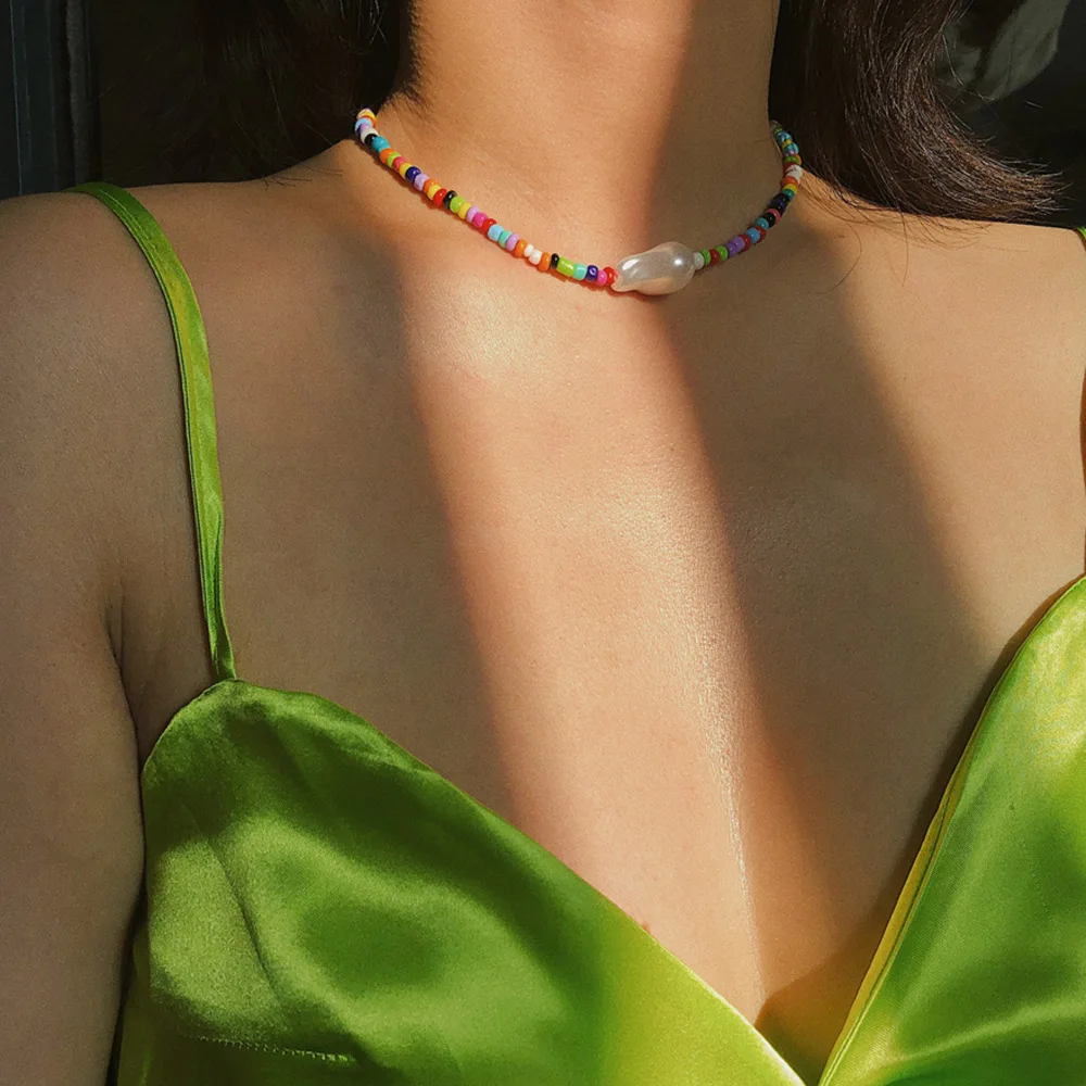 

Bohemian 2021 new women fashion simple colorful rice beads necklaces ethnic style heterosexual pearl jewelry necklaces, 1 color