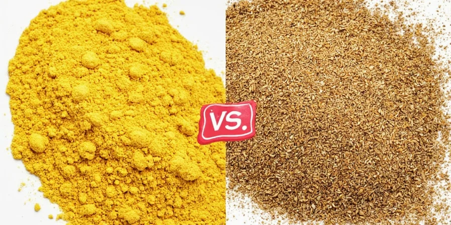 Mustard seeds and mustard powder on a kitchen counter