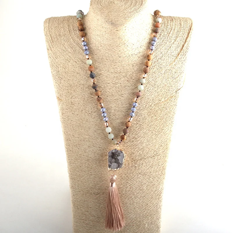 Women 8mm Natural Stone Crystal Glass Necklace Druzy Knotted Tassel Pendant Necklace