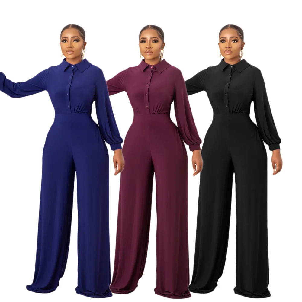 

2022 New Arrivals Solid Polo Collar Rompers Long Sleeve Casual Fat Women Plus Size Jumpsuit For Women Wide Leg Pants Jumpsuits, Picture shows