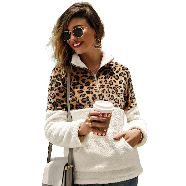 Hot Sale Jacket Winter Half Zipper Pocket Leopard Sherpa Hoodie Pullover Women
