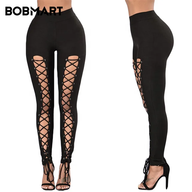 

Women In Black Grommet Lace Up Front Leggings High Waisted Plus Size Pants