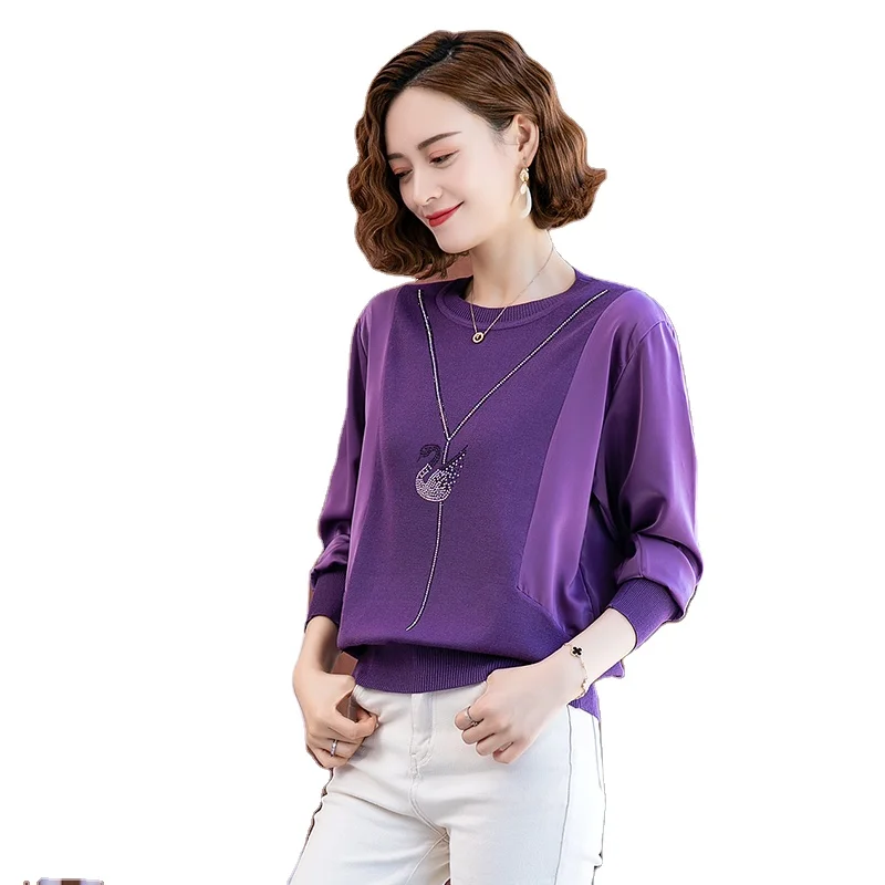 

Classic O-Neck Purple 2 color stitching Sweater Women Loose Vintage Pullover 2021 Fall Winter New Long Sleeve Female Clothes, Many colors are available