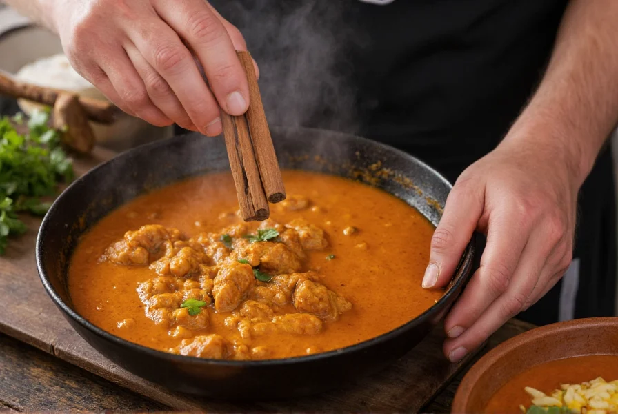 Chef measuring Ceylon cinnamon into a traditional Sri Lankan curry preparation showing the spice's integration into authentic cuisine