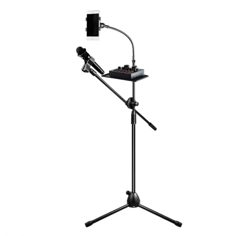 

Professional Karaoke Phone Mic Tripod Scissor Arm Floor Stand Microphone Holder for singing live broadcast, Black