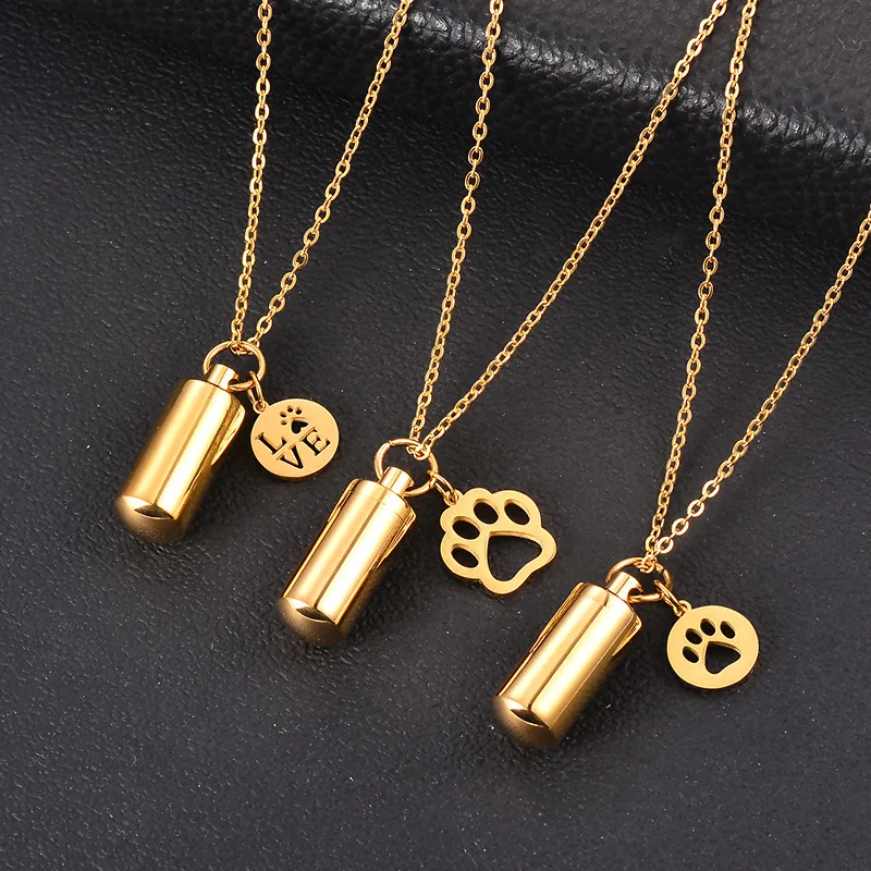 

2024 Pet Paw Print Memorial Ashes Stainless Steel Pendant Necklace Cremation Urn Pendant Necklace For Ashes