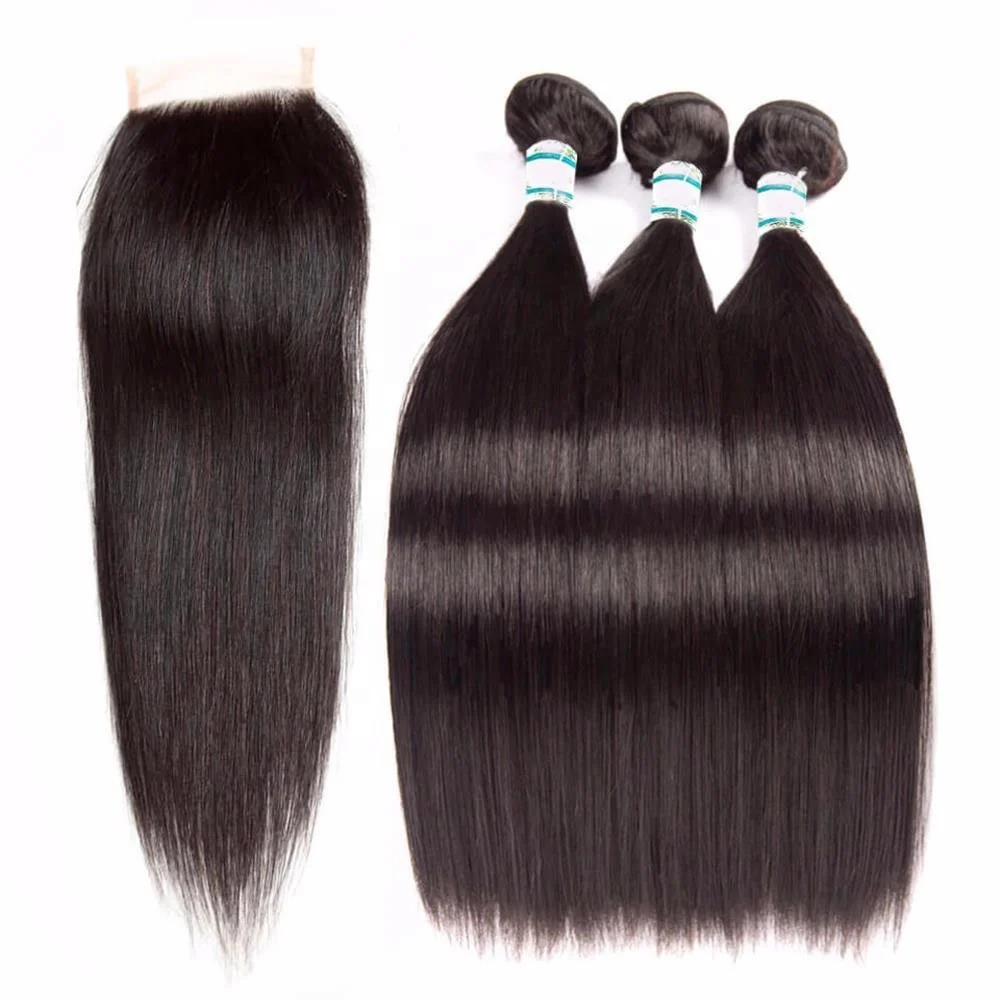 

10A 12A Grade cheap 3 Hair Bundles with Closure make full human hair Brazilian Straight Human Hair Extension packaging deal