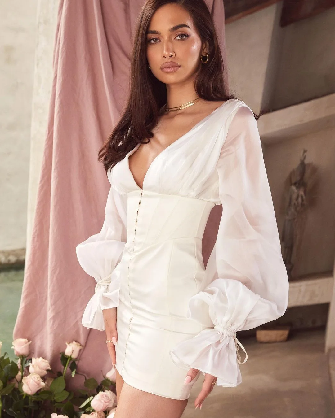 

102157 Wholesale Womens Clothing Long Sleeve Vintage Casual Mini Dress White Dresses