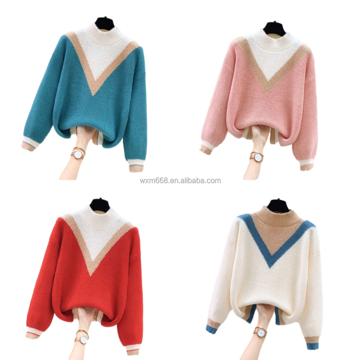 

New European and American style women's turtleneck hand-woven diamond long sleeve ladies' sweater pullover loose sweater