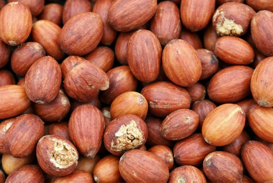 Whole nutmeg seeds in various stages of processing showing the brown oval seeds with some still partially covered by the red mace aril
