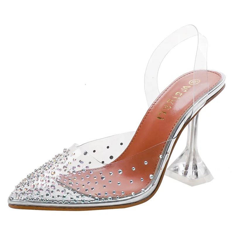 

Custom Clear Pvc Women Pumps Sandals Pointed Toe Ankle Strap 9.5cm High Heels Sandals Female 2021 Shoes Women Heels Slingbacks, Sliver, orange
