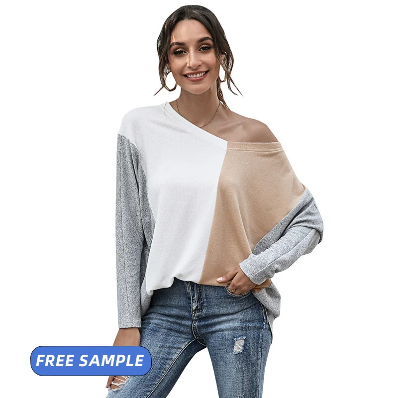 

new arrival 2011 fall S-2XL Asymmetric loose oversized V-neck long sleeve casual blocking colors blouse Women's sweatshirt