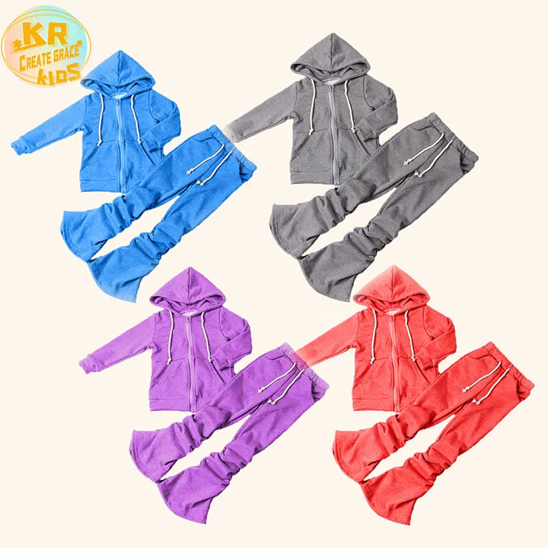 

250GSM Stacked Pants Fleece Hoodies Tops Tracksuit Kids Clothing Jogger Sets Winter Girls Stacked Pants Set unisex Sweatsuit