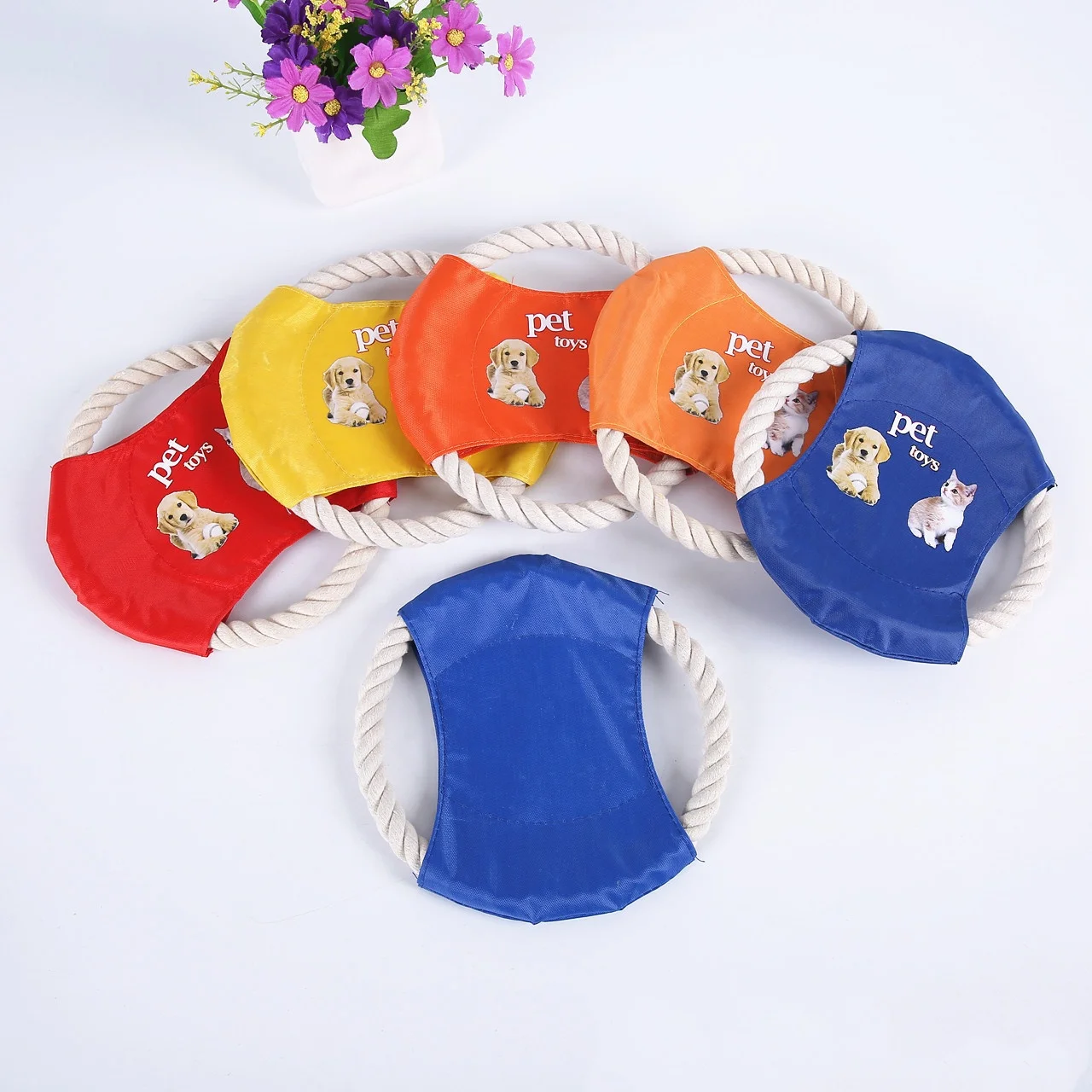 

Custom rope toy bite resistant pet doy cotton rope frisbee toy, Blue, red, orange, yellow, custom