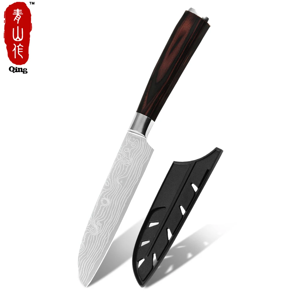 

Free Shipping Customized Logo Low MOQ 7Cr17mov  Japanese Damascus Pattern Santoku Knife With Sheath