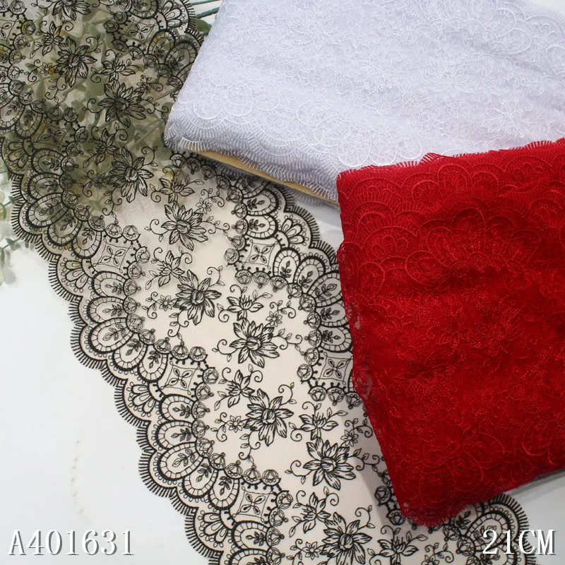 Elegant 21CM Black Tulle Flower Net Embroidery Border Lace Voile Floral Embroidered Lace Trim Fabric for Women Lingerie Dress