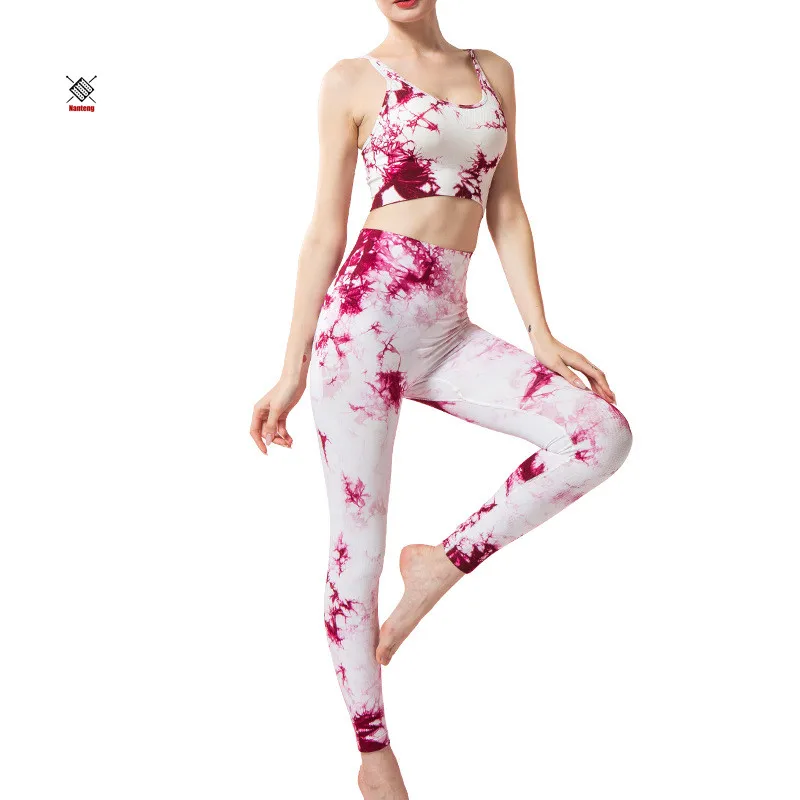 

New Design Workout Fitness Clothing Yoga Bodysuits Set High Waist Tie Dye Running Sportswear Wholesale