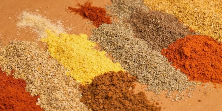 Close-up of ginger and its spicy counterparts arranged neatly