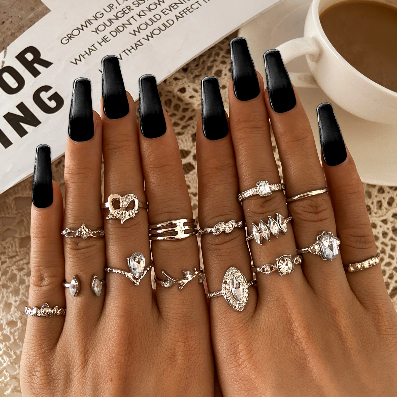 

Punk 15 Pcs Crystal Geometric Silver Color Metal Rings Set Fashion Opening Finger Buckle Tail Rings for Women Gift, Silver plated