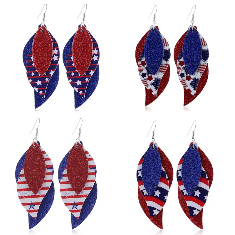 

American Independence Day Earrings Flag Five-pointed Star Pu Leather Earrings Multi-layer Leaf Sequined Tassel Earrings, As picture show