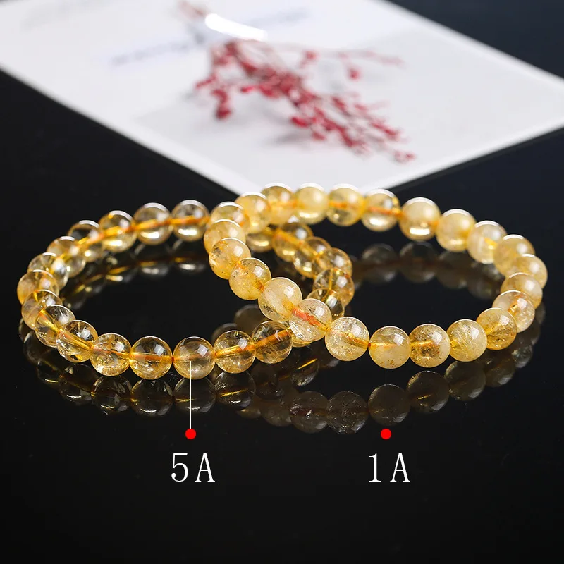 

8mm Natura citrine bracelet Crystal Quartz Beads Healing Bracelet Natural Yellow Rutilated Quartz Crystal Elastic Bracelet, Gold