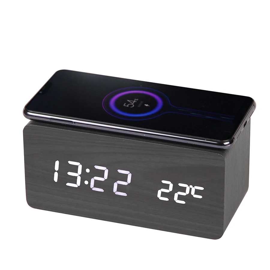 

Date Temperature Humidity Sound Control Wooden Digital Alarm Clock with Wireless Charging, Customized