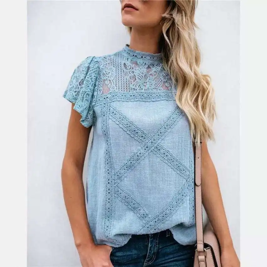 

Women T-Shirt Tops Lace Crochet Blouse Short Sleeve Casual Cotton Shirt, Photo show