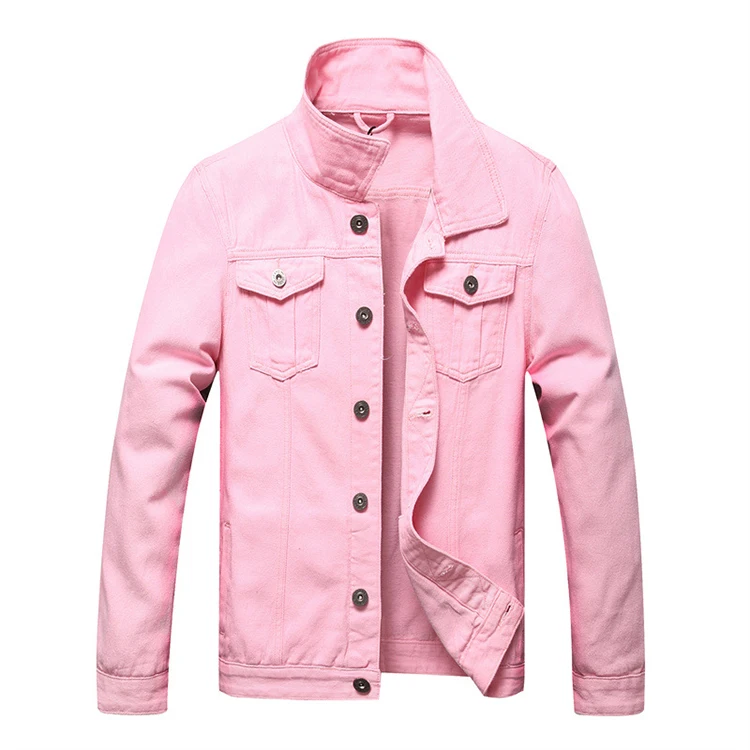 

Fashion Men Pink Denim Jacket Casual Button Down Jean Coat Size M-5XL Classic Loose Pockets Cotton Outerwear