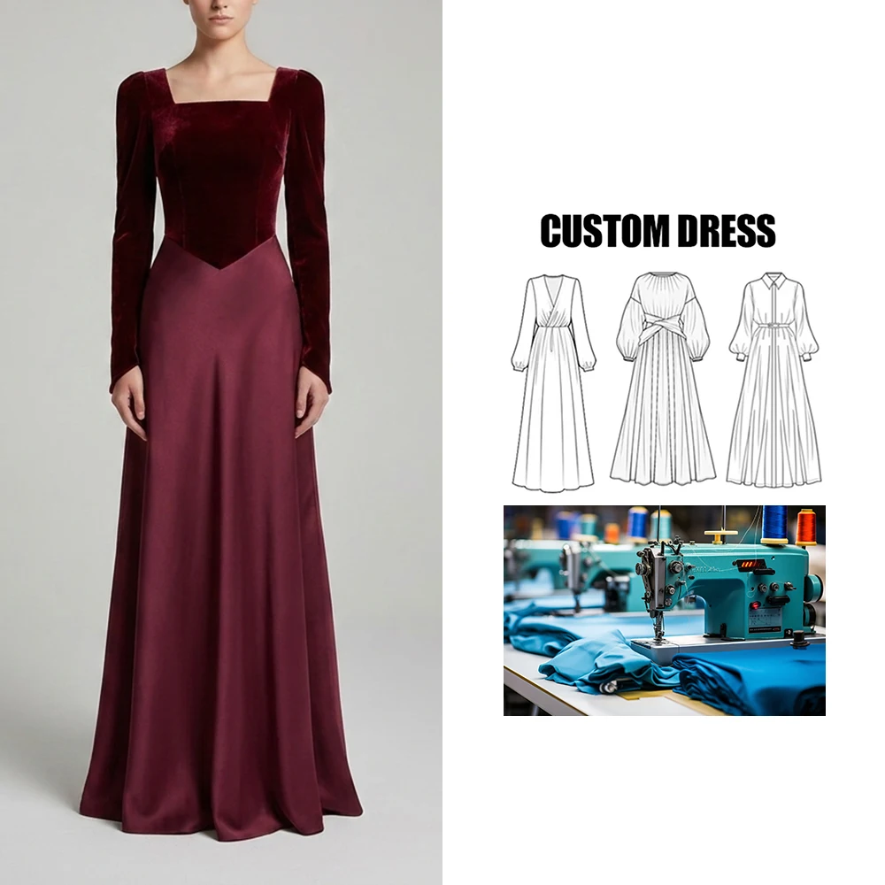 Brand Customization Elegant Women's square Neck Long Sleeve Waist A-line Wine Red Women's Evening Muslim Conservative Dress