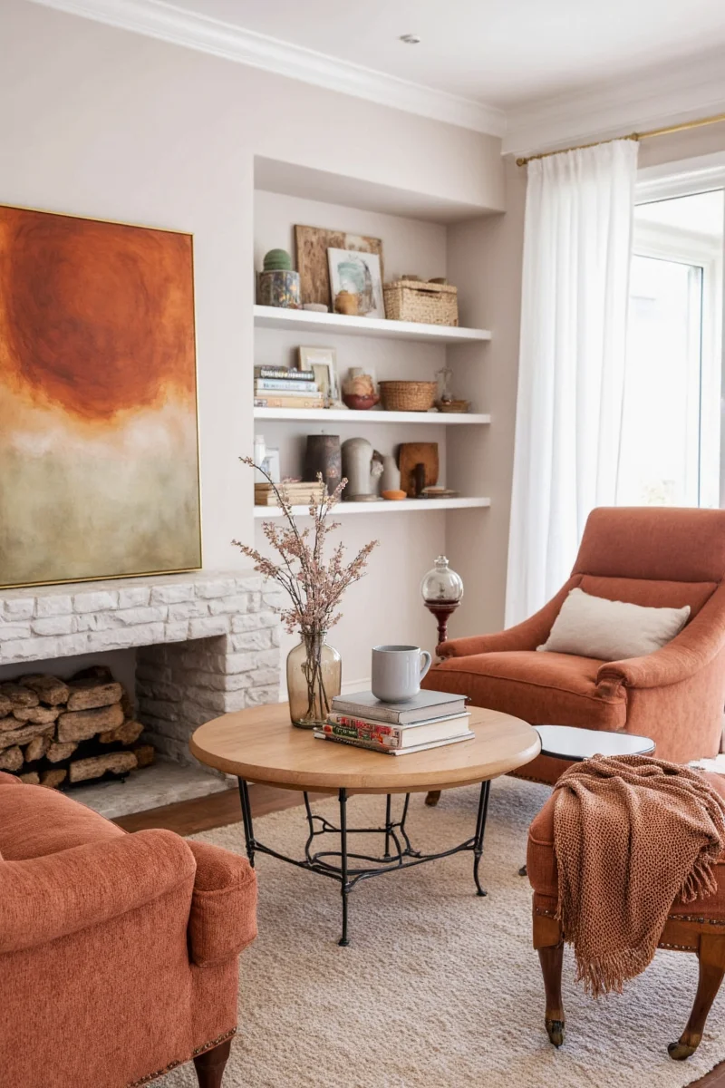 Rust-colored vases and brass candle holders on a coffee table