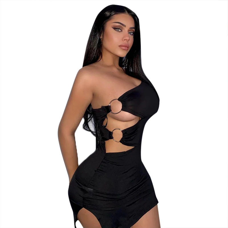 

High quality solid color ring oblique shoulder hollow crop top irregular sexy bodycon women's plus size casual dress