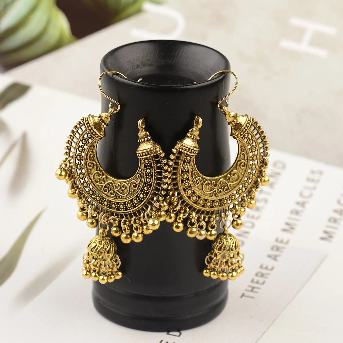 

Vintage Ethnic Gypsy Indian Earrings For Women Boho Jewelry Ladies Retro Round Bell Tassel Hollow Tassel Jhumka Earrings, Gold & silver