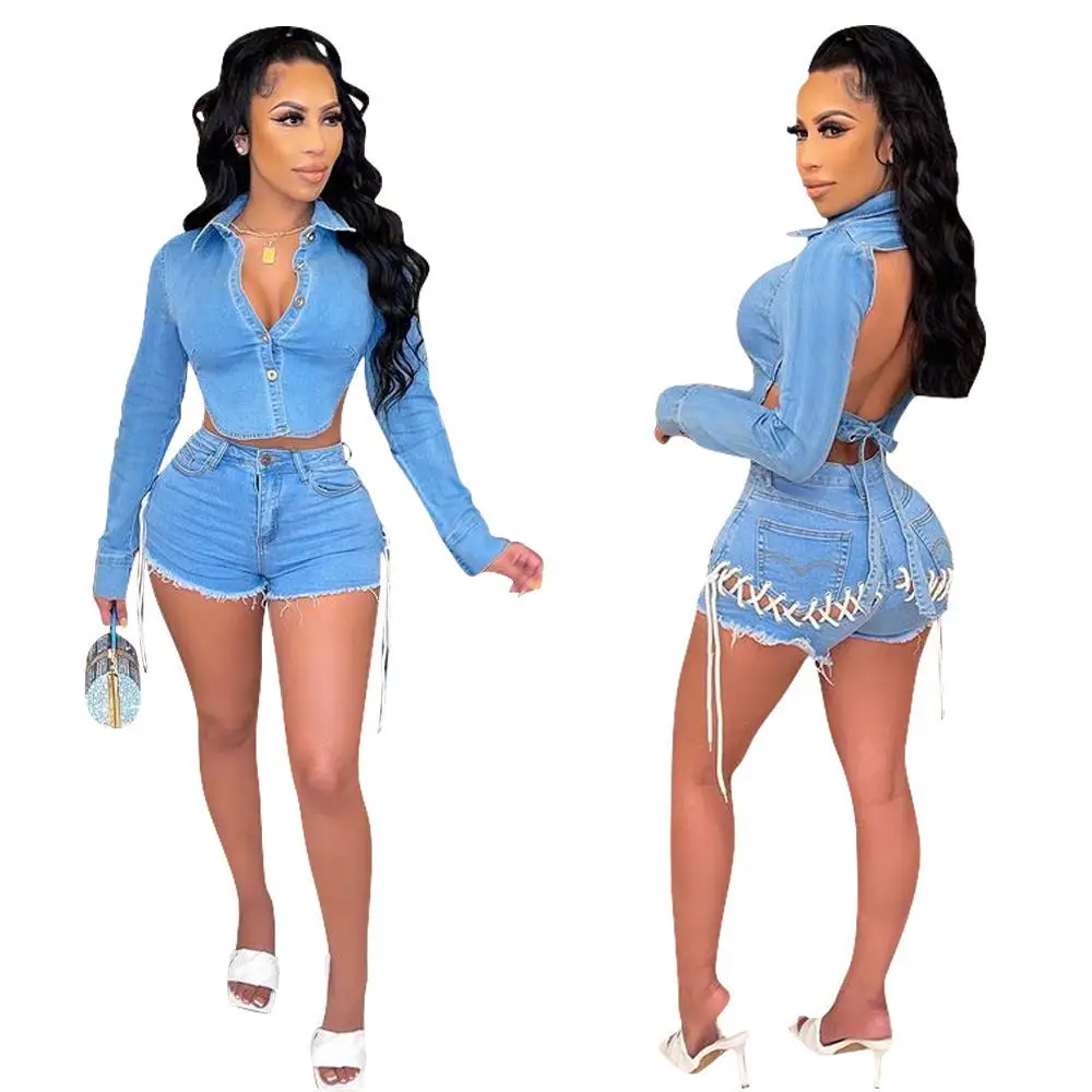 

F88395 New lace up bodycon denim sexy outfits for women 2021 jeans fall custom two piece set backless 2 piece short set women
