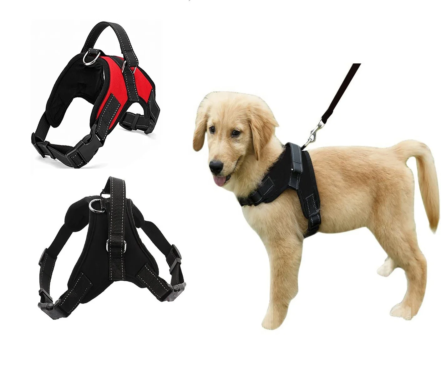 

Hot Sale No Pull Reflective Adjustable Big Dog Harness with Handle, Black red