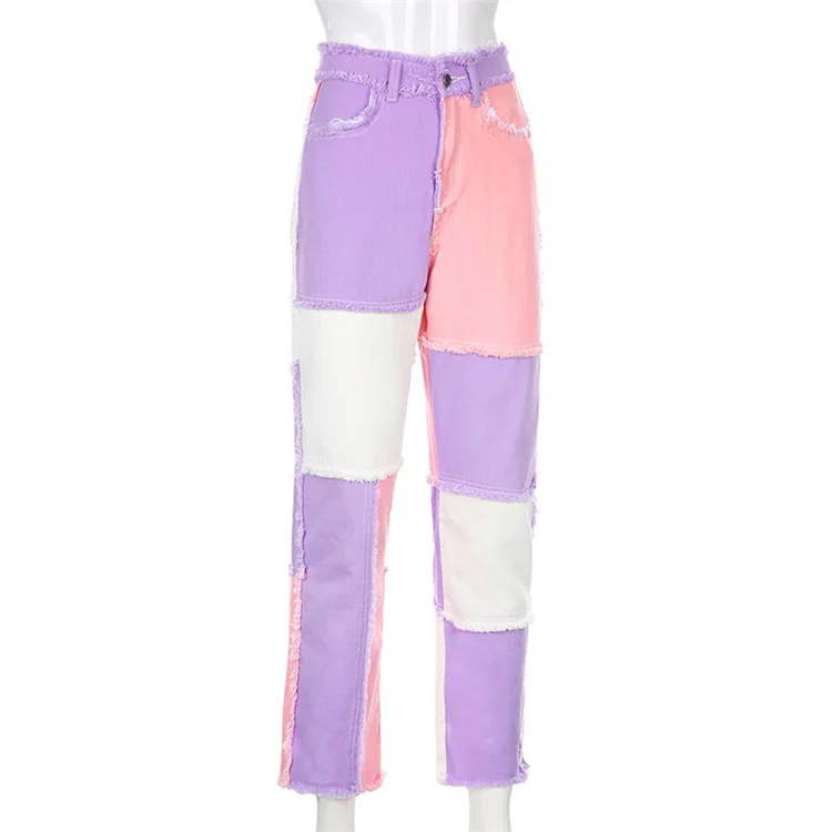 

Amazon hot sale street stitching contrast colorful women's spring spandex jeans jackets with tassel patchwork pants