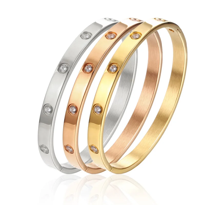 

Hot Ladies Crystal Stone Cuff Titanium steel Vacuum plating gold Jewelry Engraved Screw Bracelet Bangle for Women