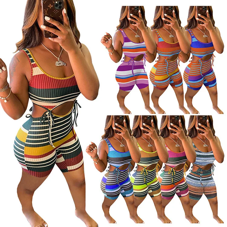 

New Design Colorful Striped Hollow Out Bandage Jumpsuits Elegant Summer Classy Clothing For Women Knitted 1 Piece Jumpsuit, This type has 5 color