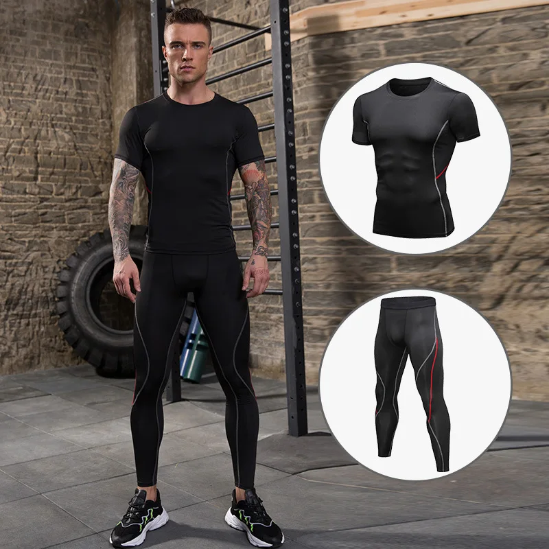 

Men Fitness Running Wear Tracksuit Workout Training Gym Clothing Suit Quick Dry Short Sleeve T Shirt And Leggings 2 Piece Set, As picture