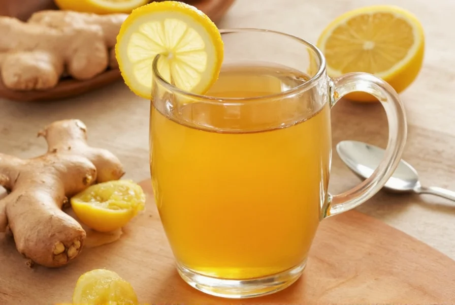 Fresh ginger root slices steeping in clear glass teapot with lemon slices and honey