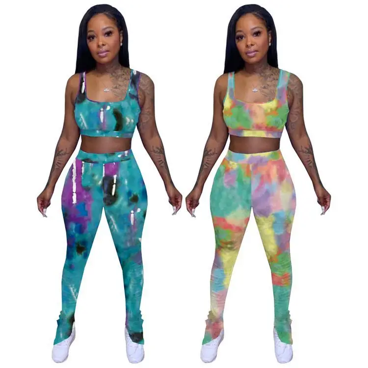 

OSINA Hot Sale Colorful Tie Dye Printed Vest Top Stacked Pants Sports Tracksuit Women Clothing Two Piece Pant Sets