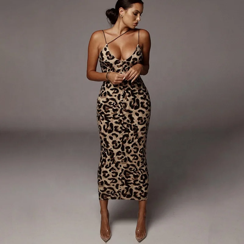 

2021 Summer Women Leopard Snakeskin Printed Spaghetti Strap Sexy Bodycon Midi Long Club Party Dress