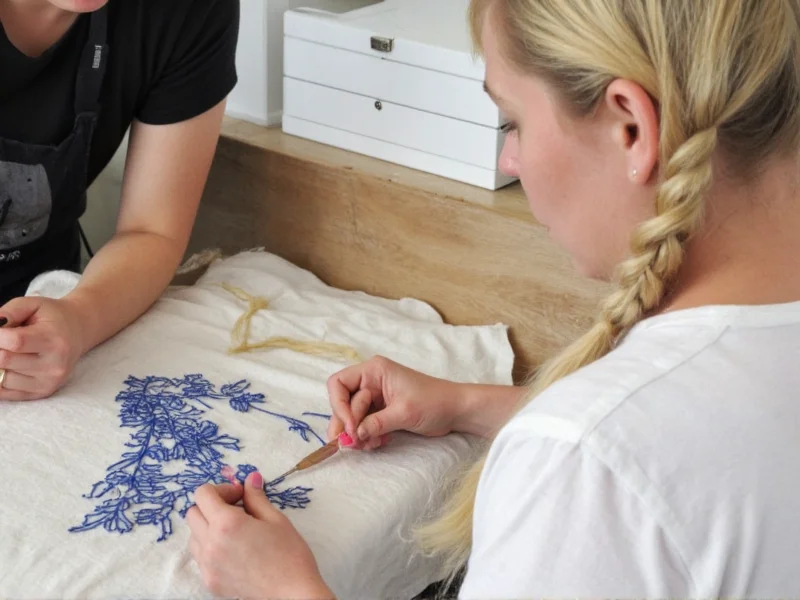 Hannah Yeates demonstrating embroidery technique on natural fabric