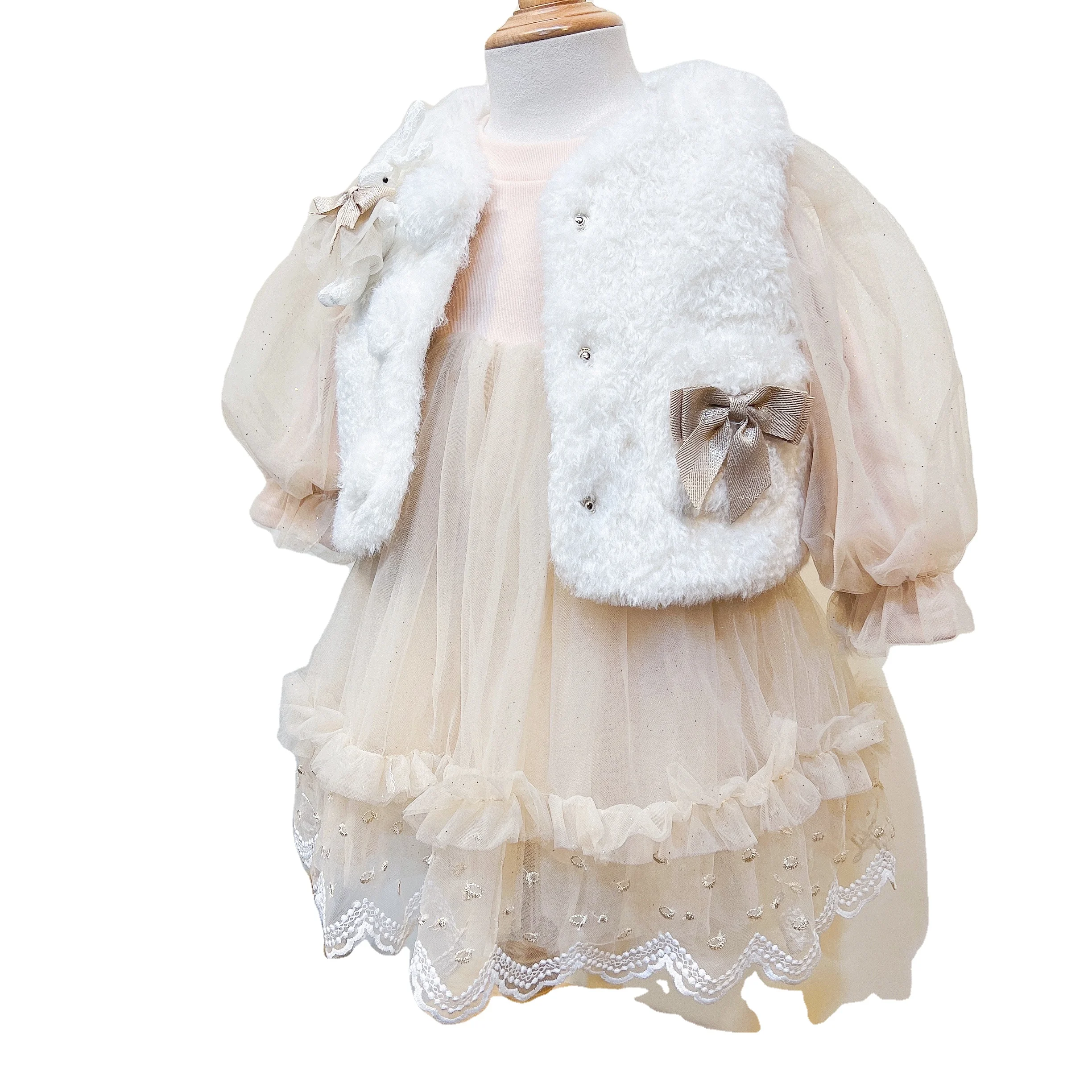

Wholesale Kids Winter Lamb Wool Kids Coat With Girls' Lace Sweet Princess Dress For Kids Girl