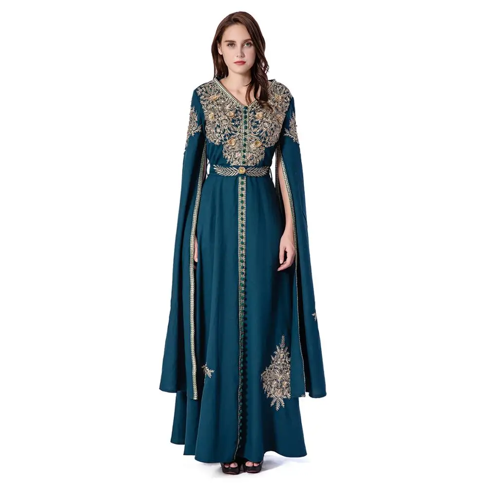 

Dubai Fashion Cloak Long Sleeves Arabic Style Heavy Golden Embroidered Islamic Kaftan Jalabiya Long Slim Party Dress